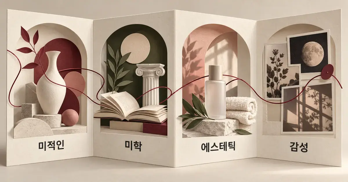 접이식 종이 작품의 네 면에 도자기, 책과 고전 기둥, 화장품과 수건, 달과 식물 사진을 배치해 미적인 아름다움·미학·에스테틱·감성으로 이어지는 의미를 표현한 이미지.