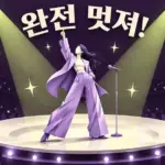 보라색 정장을 입은 가상의 공연자가 접시 모양 무대에서 조명과 박수를 받으며 자신감 있는 자세를 취하고, 위에는 ‘완전 멋져!’라는 칭찬 문구가 적혀 있다.