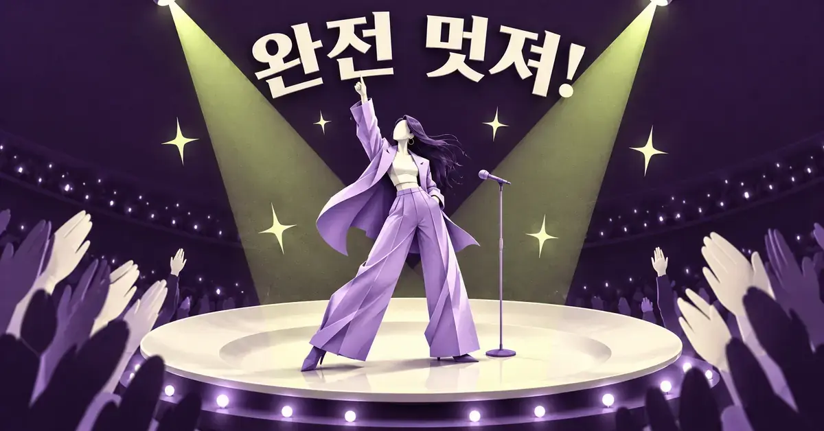 보라색 정장을 입은 가상의 공연자가 접시 모양 무대에서 조명과 박수를 받으며 자신감 있는 자세를 취하고, 위에는 ‘완전 멋져!’라는 칭찬 문구가 적혀 있다.