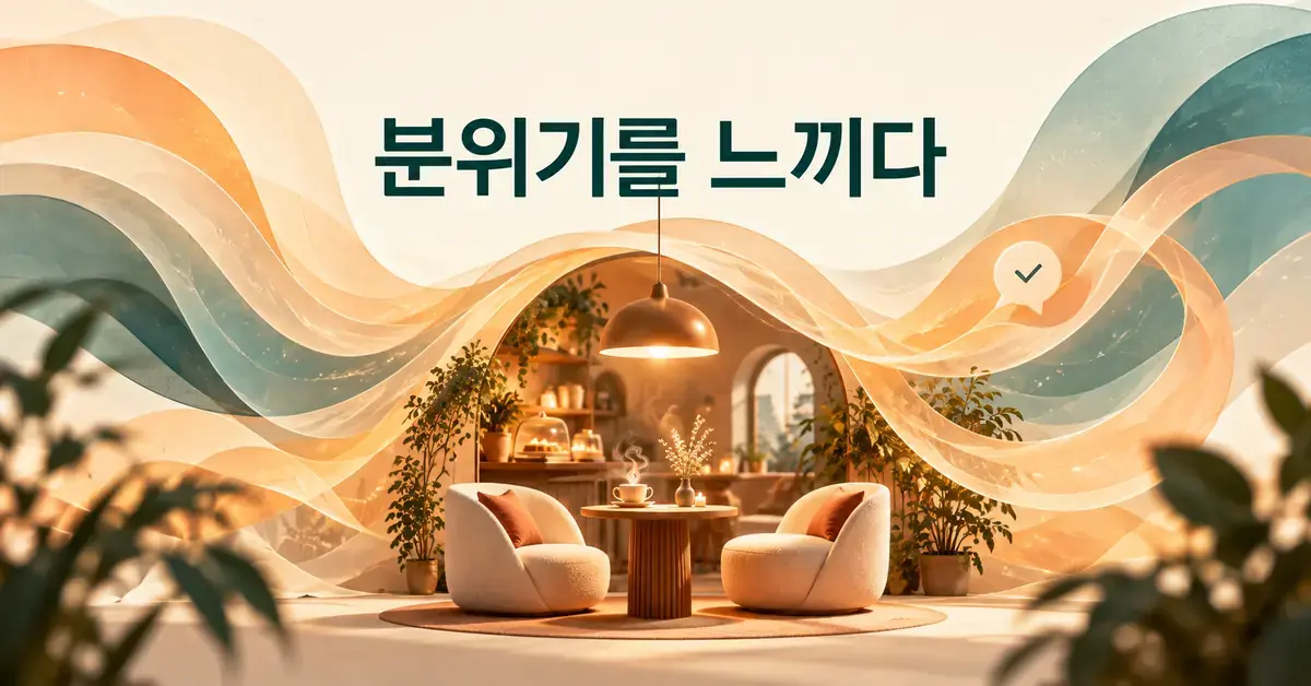 아늑한 카페를 감싸는 주황색과 청록색 파동, 체크 표시 말풍선과 ‘분위기를 느끼다’ 문구로 바이브의 의미를 표현한 이미지.